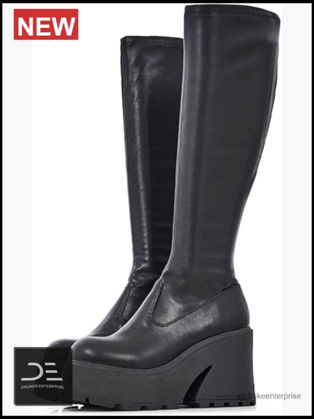 Knee High Combat Boots Chunky Heel Platform Pull On Motorcycle Goth Boots